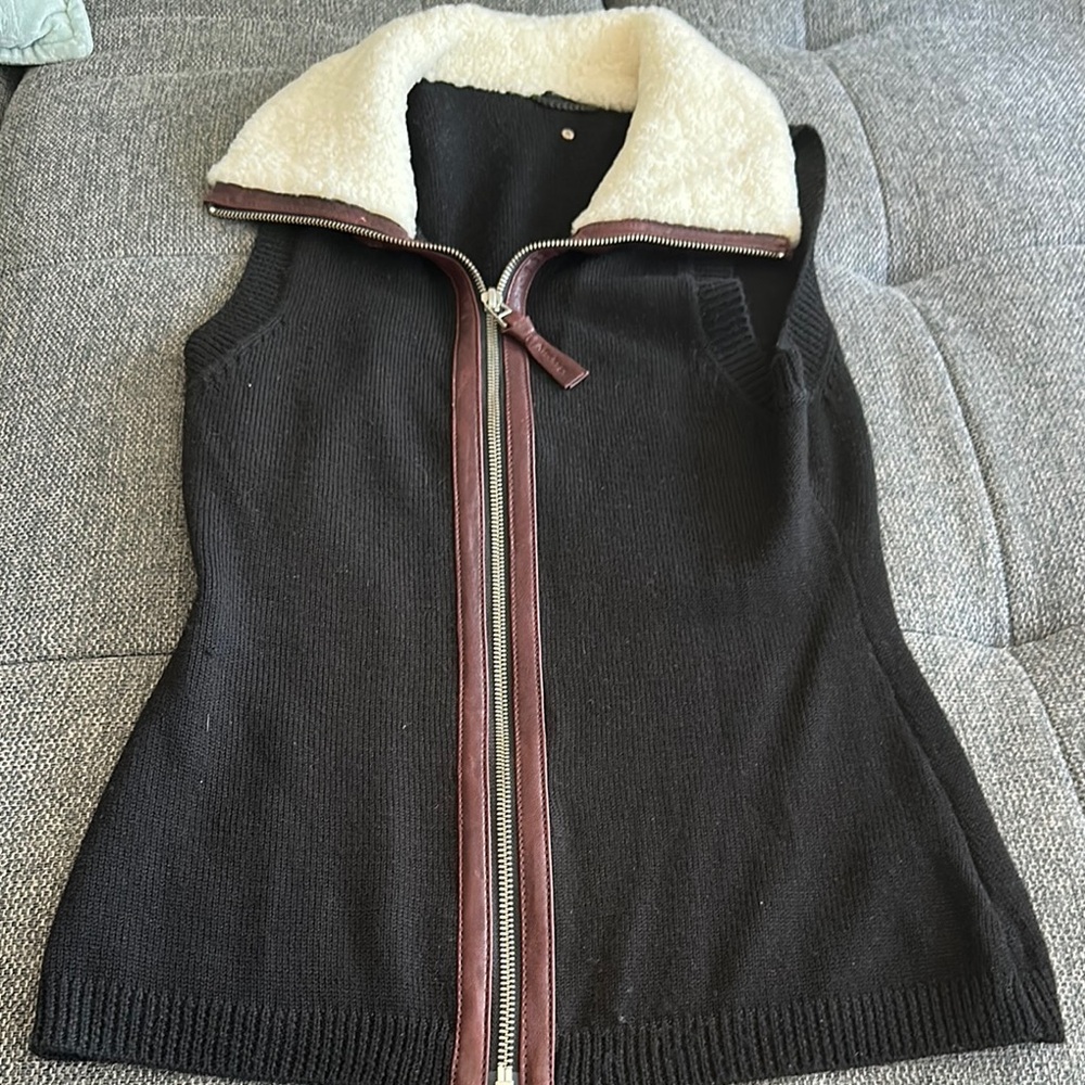 Mackage Black Vest with Cream Collar and Brown Accents